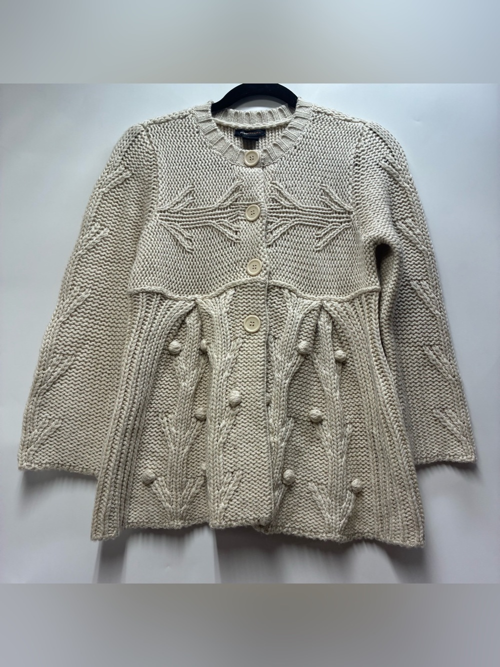 BCBG Maxazria Medium Wool Cream Bobble Knit Cardigan Sweater Chunky Grandma Y2K